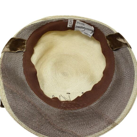 Vintage 50s Arnold Constable Platter Hat Tan Straw w Velvet Ribbon - Hey Viv - Picture 6 of 8